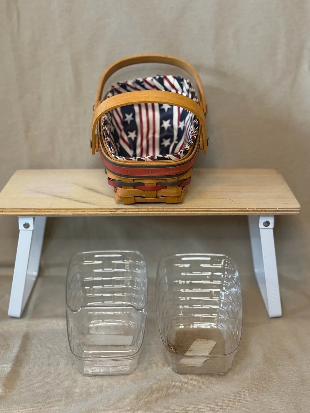 Longaberger Red, Brown, Tan Woven Basket with Fabric Liner and two protectors